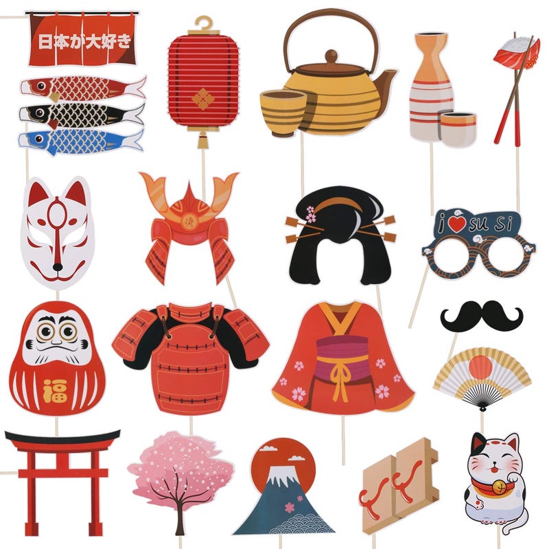 PRETYZOOM 20Pcs Japanese Party Photo Booth Props Kit - Pre-Assembled Handheld Decorations for Baby Showers, Birthdays, Weddings, Cosplay, and Celebrations - Image 1